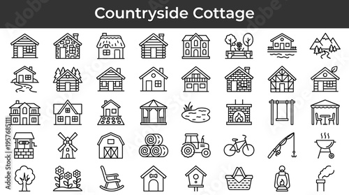 Collection of countryside and rural living icons in a clean line art style