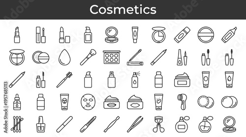 Collection of cosmetic and beauty product line art icons on a white background