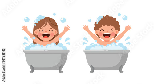 Two happy children playing in a bubble bath with soap suds and water droplets on a white background in a playful and cheerful mood.