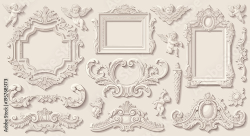 Baroque Architectural Ceiling Ornaments and Rococo Plaster Frame Vector Elements
