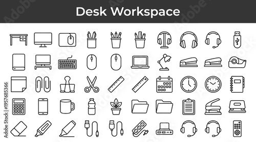 Collection of office and desk workspace icons in a clean, modern line art style