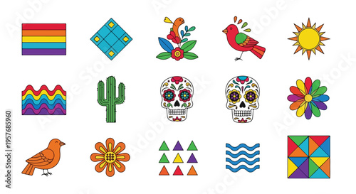 Colorful flat lay of various vibrant icons and symbols including skulls, flowers, and geometric patterns against a clean white background.