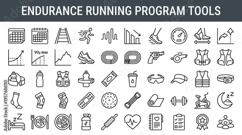 Collection of icons representing tools and elements for endurance running programs