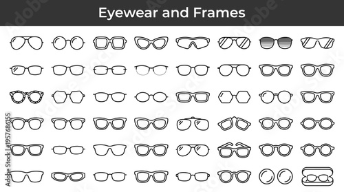 Collection of various eyewear and eyeglass frames in a clean, modern icon style
