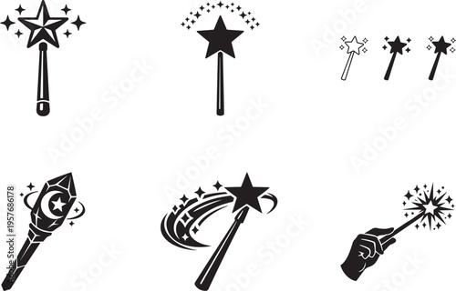 Magic wand flat vector illustrations set with sparkle effects for fantasy, magic symbols, and UI design.