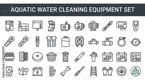 Aquatic water cleaning equipment icons set for aquarium and pond maintenance systems