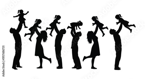 Silhouette illustration of adults playfully lifting and tossing children in the air against a clean white background.
