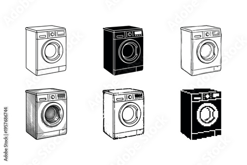 Collection of six different styles of washing machine illustrations on a white background