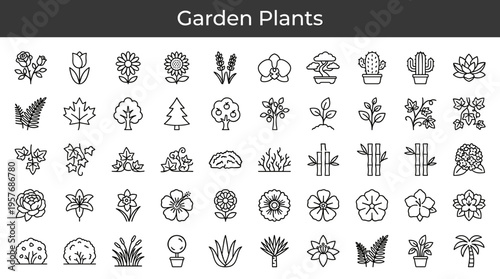 Collection of diverse garden plant icons in a clean, modern line art style