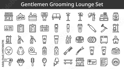 Barber Shop and Grooming Lounge Icons Set for Men's Styling and Services