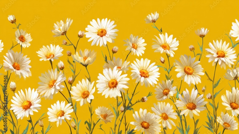 Fototapeta premium Yellow background holds lovely chamomile flowers in a flat arrangement.