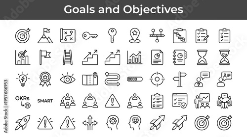 Collection of business goals and objectives icons for planning and strategy