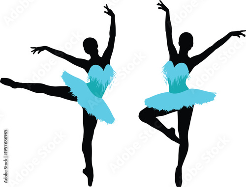 Two black silhouette ballerinas in blue tutus on white background ballet dancer