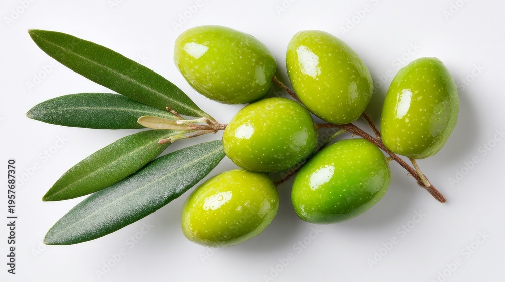 Obraz premium Green olives with leaves sit on white, seen from above.