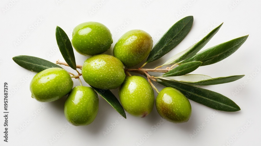 Obraz premium Green olives with leaves sit on white, seen from above.