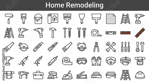 Collection of home remodeling and renovation tools and supplies, presented as icons