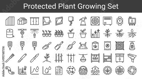 Set of Icons for Protected Plant Growing and Gardening Equipment