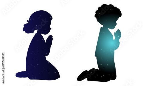 Hand-drawn illustration of praying children silhouettes with glowing light inside. Spiritual and symbolic artwork representing faith, hope, purity, and inner light 