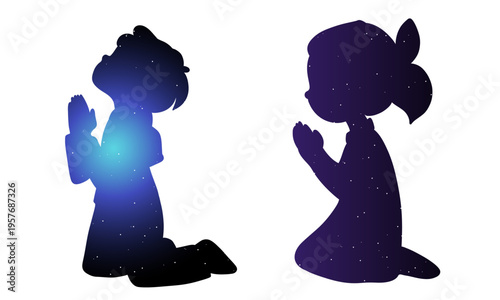 Hand-drawn illustration of praying children silhouettes with glowing light inside. Spiritual and symbolic artwork representing faith, hope, purity, and inner light 