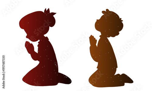 Hand-drawn illustration of praying children silhouettes with glowing light inside. Spiritual and symbolic artwork representing faith, hope, purity, and inner light 