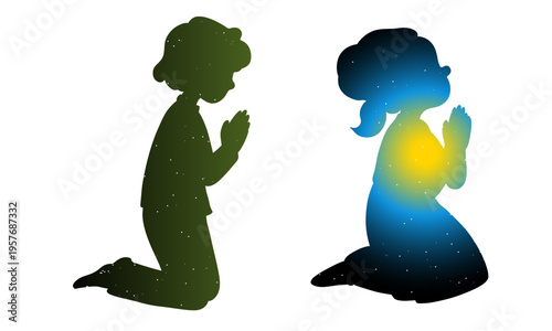 Hand-drawn illustration of praying children silhouettes with glowing light inside. Spiritual and symbolic artwork representing faith, hope, purity, and inner light 