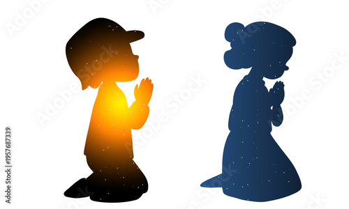 Hand-drawn illustration of praying children silhouettes with glowing light inside. Spiritual and symbolic artwork representing faith, hope, purity, and inner light 