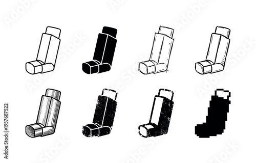 Collection of diverse asthma inhaler icons in various artistic styles and textures