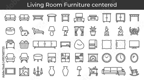 Collection of modern living room furniture and decor icons in a clean line art style