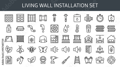 Living Wall Installation Set: Icons for Vertical Garden Systems and Components