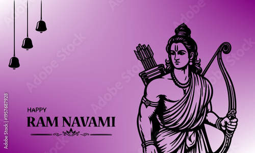 Happy Ram Navami festival greeting with elegant Lord Ram line art, bow and arrow, and decorative hanging lamps on a vibrant purple background, perfect for Hindu religious and cultural celebrations.