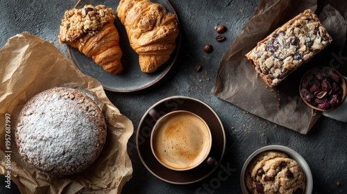 Tasty baked goods and coffee sat on a dark surface, viewed from above. Room for writing.