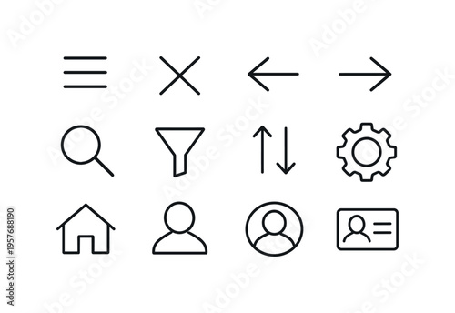 Line style vector icons of App interface icons: menu, close, back, forward; search, filter, sort, settings; home, user, profile,