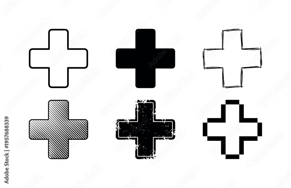 Fototapeta premium Collection of six different plus sign symbols in black and white on a white background