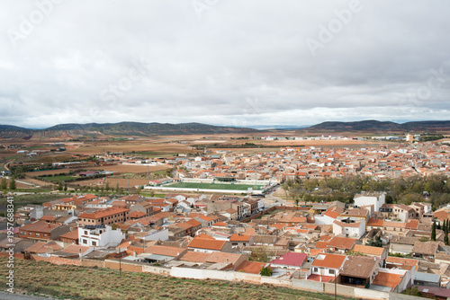 Aerial view of Consuegra with football playground. Toledo, Spain