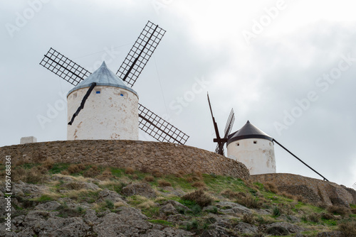 Two traditional windmills at Cerro Calderico, Consuegra, Toledo