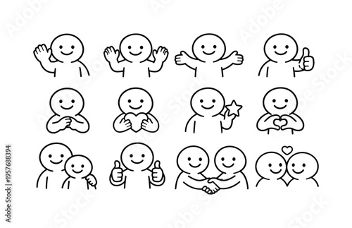 Friendly Character Icons. Line style icons of friendly brand character: friendly, cute, warm, open; wave, greet, hug, thumbs;