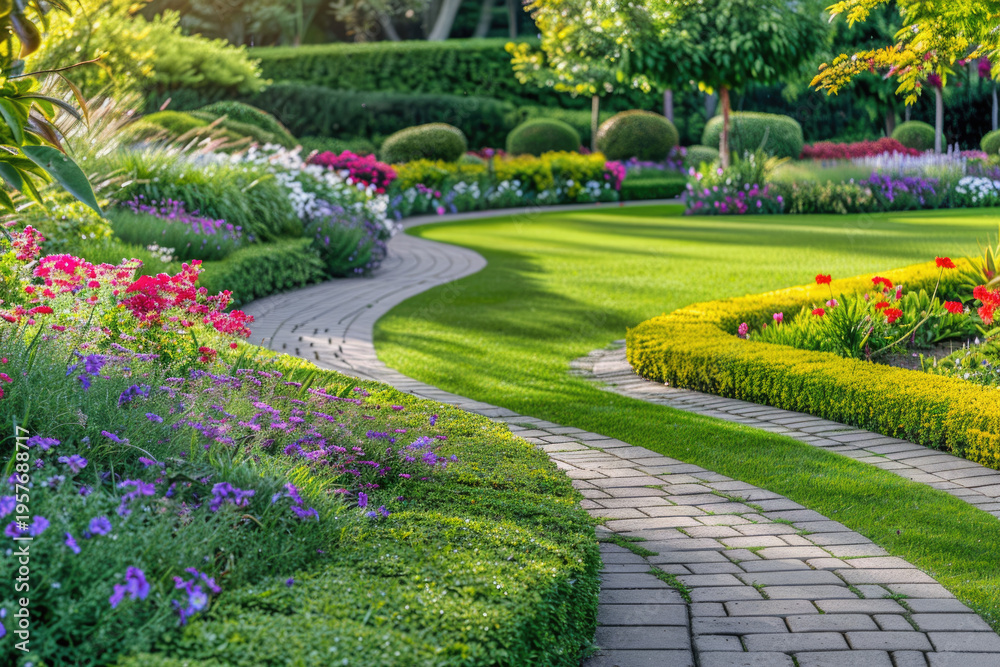 Obraz premium Landscape gardening design with green manicured lawn, green backyard with colorful blooming flower beds. 