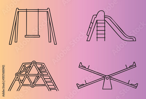 Colorful playground equipment set with swings and slides illustration