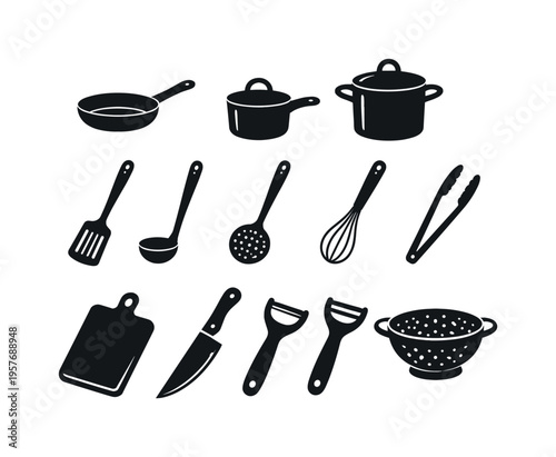 Solid vector icons of cooking utensils: frying pan, saucepan, stockpot, spatula, ladle, slotted spoon, whisk, tongs, cutting