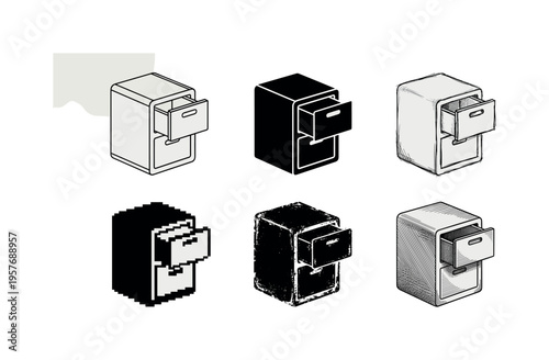 Collection of six different styles of filing cabinet icons in isometric view
