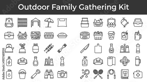 Collection of icons representing items for an outdoor family gathering or picnic