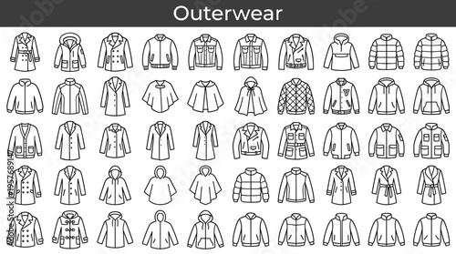 Collection of diverse outerwear clothing icons for fashion and apparel design