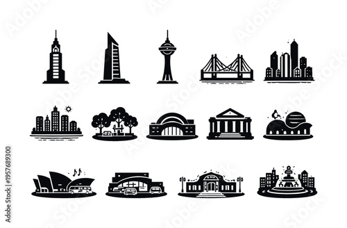 Solid vector icons of modern city icons: skyscraper, business tower, observation deck, cable bridge, waterfront skyline, urban