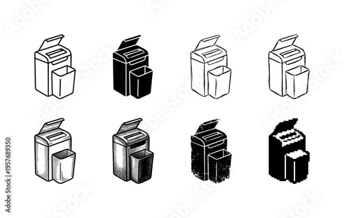 Collection of different styles of paper shredder icons with a waste bin