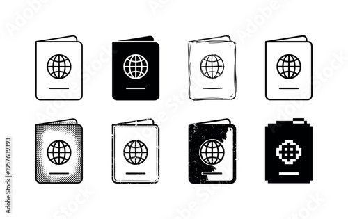 Collection of passport icons in various styles, from simple line art to pixelated and distressed designs