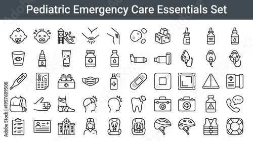 Pediatric Emergency Care Essentials Set: Medical Icons for Children's Health and Safety
