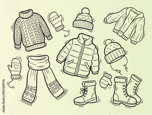 Handdrawn winter clothing collection with cozy accessories and outerwear