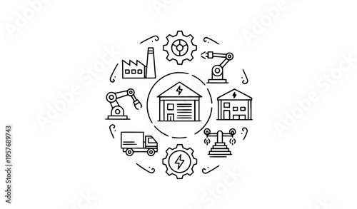 Minimal industrial icon circle composition thin solid factory production vector logo design set