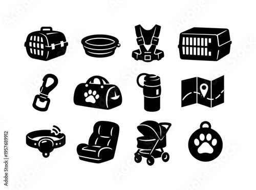 Solid vector icons of pet travel: carrier, travel bowl, seat belt harness, crate, leash clip, travel bag, water bottle, map, GPS