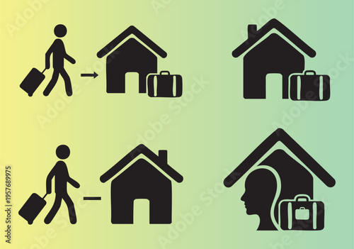 Travel and accommodation flat icons with luggage and house symbols